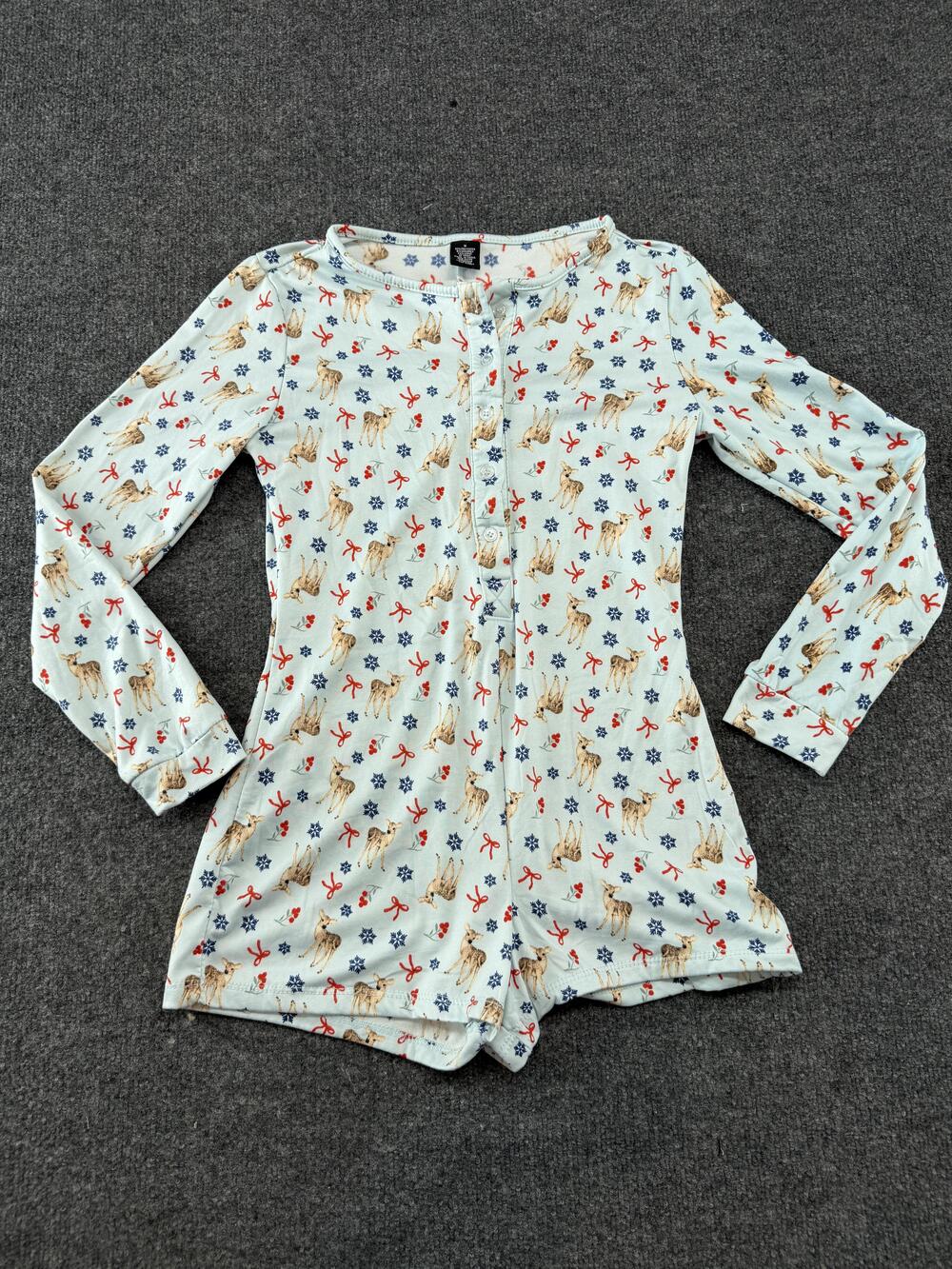 Pajama Romper Womens M Blue Deer Snowflake Christmas Fleece Button Long Sleeve